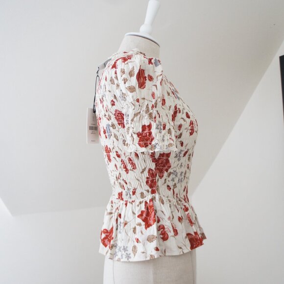 Reformation Aggie Magnolia Puff Sleeve Smocked Peplum Top Size Small NWT - Picture 14 of 16